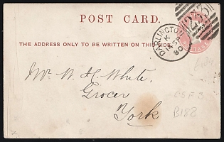1880 (14 Sep) 1/2d Great Britain, Commercial Adverisement 'J. C. & J. Field' Postal Stationery Postcard from Darlington (England) to York (England), cancelled by Oval Barred Numeral '233' Postmark