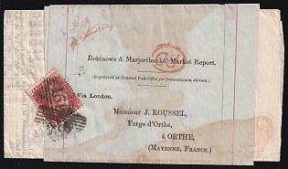 1869 1d Great Britain, Robinows & Marjoribanks' Market Report, International Registered Commercial Cover from Glasgow (Scotland) via London (England) to Mayenne (France), franked with 1d, tied by Barred Numeral '159' Postmark, with Red 'PD' Handstamp