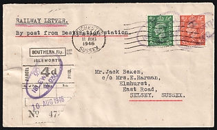 1946 (10 Aug) 1d Great Britain, Railway Cover from Isleworth (England) via London (England) to Chichester (Selsey, Sussex, England) by Local Southern Railway '230' Wagon, franked with 1/2d and 2d