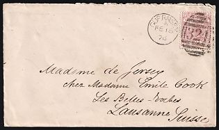 1876 (18 Feb) Great Britain, Cover from Guernsey (Channel Islands) to Lausanne (Switzerland), franked with 2.5d tied by Oval Barred Numeral '324' Postmark