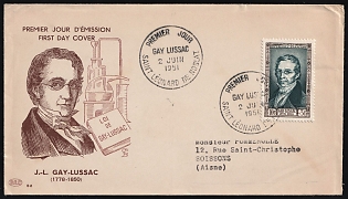 1951 (2 Jun) Joseph Louis Gay-Lussac, France, First Day Cover, FDC, from Saint-Leonard-de-Noblat to Soissons, franked with 5fr, 10fr+3fr