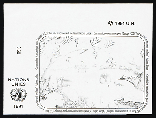 1991 United Nations (UN), Geneva, Block of Four, Gray Trial Color Proof, Imperforate, Corner Margins, Sheet Inscription