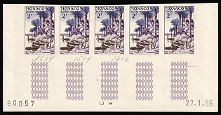1955 2fr Principality of Monaco, Trial Color Proofs, Imperforate, Strip, Corner Margins, Sheet Inscription, Plate Numbers