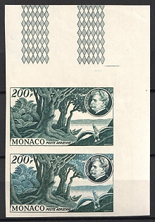 1955 200fr Principality of Monaco, Pair, Trial Color Proofs, Imperforate, Corner Margins, Sheet Inscription