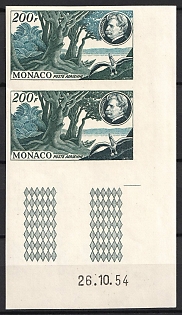 1955 200fr Principality of Monaco, Pair, Trial Color Proofs, Imperforate, Corner Margins, Sheet Inscription, Plate Number