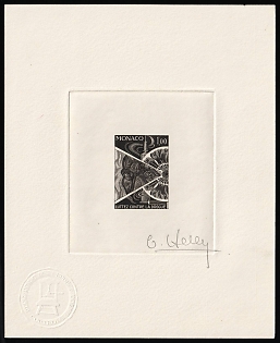 1977 1.00fr Principality of Monaco, Master Die Proof Sunken Sheetlet, Black, Signature