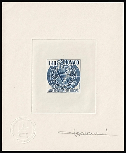 1981 1.40fr Principality of Monaco, Master Die Proof Sunken Sheetlet, Blue, Signature