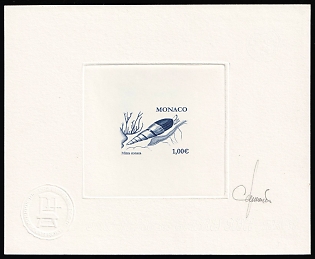 2002 1.00e Principality of Monaco, Master Die Proof Sunken Sheetlet, Blue, Signature