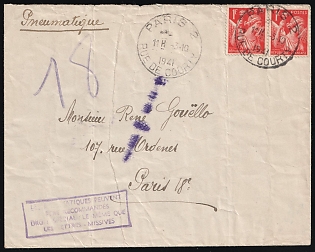 1941 (3 Oct) France, Paris Pneumatic Post Cover, franked with pair 1fr