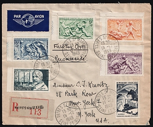 1949 (19 Dec) France, Airmail Registered First Day Cover, FDC, from Vaires-sur-Marne to New York (United States), franked with Complete Set 5fr+1fr - 15fr + 4fr (FDC), 16fr, 6fr+4fr, Pairs 4.5fr+5.5fr and 6fr+4fr