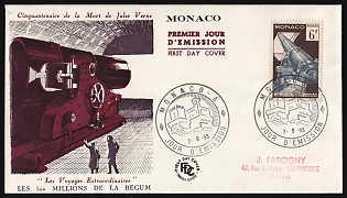 1955 (7 Jun) '50th Anniversary of the Death of Jules Verne' Monaco First Day Cover, FDC from Monaco to Courbevoie (Seine, France) franked with 6fr, Commemorative Postmarks