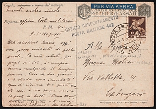 1943 (9 Nov) Italy, WWII Airmail Military Postcard from Military Post Office № 402 (located in Albania) to Catanzaro (Italy), franked with Airmail 50c, with 'Concentration Office of Military Post № 402' Handstamp