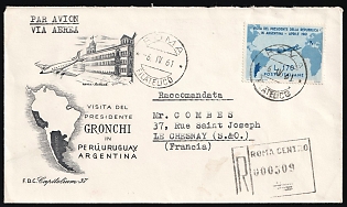 1961 (6 Apr) Italy, 'Visit of the President Gronchi in Peru, Uruguay and Argentina', First Day Airmail Registered Cover from Rome (Italy) to Le Chesnay (France), franked with First Day Cancellation FDC 170l
