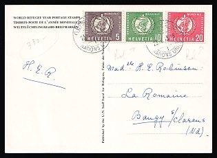 1963 (23 Apr) Switzerland 'World Refugee Year', Postal Stationery Postcard, from United Nations (UN), Geneva (Switzerland) to Clarens, Baugy district. (Switzerland) franked with 5c, 10c, 20c