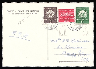 1963 (23 Apr) Switzerland, Postal Stationery Postcard, from United Nations (UN) Geneva (Switzerland) to Clarens, Baugy district. (Switzerland), franked with 5c, 10c, 20c