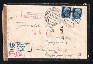1943 (5 Jul) WWII Occupations, Mourning Military Censored Registered Cover from Ljubljana (Slovenia) to Krainburg (Kranj, Slovenia), franked with Pair of 1.25l, with Italian and German Censorship Marks and Handstamp's on Two Sides