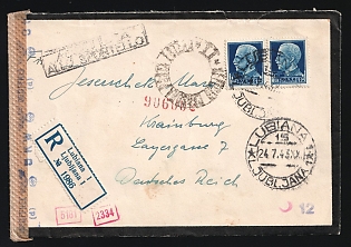 1943 (24 Jul) WWII Occupations, Mourning Military Censored Registered Cover from Ljubljana (Slovenia) to Krainburg (Kranj, Slovenia), franked with Pair of 1.25l, with Italian and German Censorship Marks and Handstamp's on Two Sides