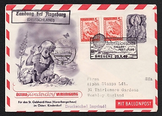 1949 (23 Oct) 30g Austria, Ballonpost, Postal Stationery Advertising Cover 'In support of the Austrian orphanage', from Vienna (Austria) to London (England), violet Handstamp 'Printed matter! Imprime!', black Handstamp 'Landing near Augsburg (GERMANY)' franked with Pair 5g