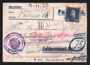 1916 (15 Mar) Austria-Hungary, Field Post, Postage free, Registered Cover, to Klosterneuburg (Austria), franked with 25h, with violet field mail handstamp