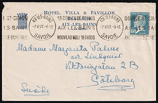 1927 (7 Jun) 'Hotel, Villa & Pavilion Beau-Site Aix-les-Bains', France, Advertising Cover from Aix-les-Bains to Gothenburg (Sweden), franked with 1.5fr, '13 Tennis Courts in Aix-les-Bains, New 18-Hole Golf Course' Handstamp