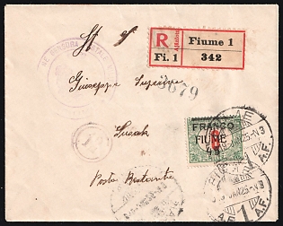 1919 (24 Jan) Fiume, Italian Regency of Carnaro, Inter-Allied Occupation, Censored Registered Cover from Fiume to Susak Island (Croatia), franked with 45f on 6f, with Italian Censorship Handstamp's
