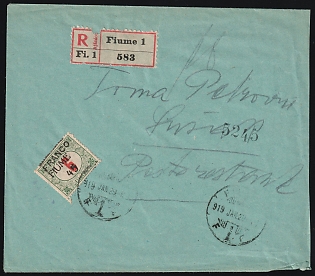 1919 (19 Jan) Fiume, Italian Regency of Carnaro, Inter-Allied Occupation, Registered Cover from Fiume to Susak Island (Croatia), franked with 45f on 6f