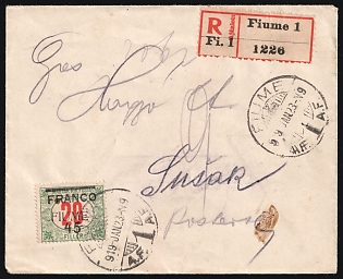 1919 (23 Jan) Fiume, Italian Regency of Carnaro, Inter-Allied Occupation, Registered Cover from Fiume to Susak Island (Croatia), franked with 45f on 20f