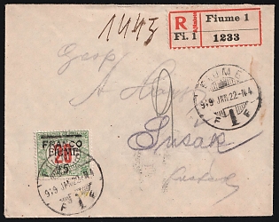 1919 (23 Jan) Fiume, Italian Regency of Carnaro, Inter-Allied Occupation, Registered Cover from Fiume to Susak Island (Croatia), franked with 45f on 20f