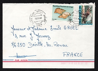 1982 (15 Dec) Republic of the Congo, Airmail Cover from Pointe-Noire (Congo) to Déville-lès-Rouen (France), franked with 25f and 50f