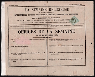 1876 (20 Feb) 'The Religious Week', Church Weekly Newspaper, France, franked with 1c