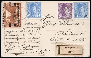 Yugoslavia, Issued for Bosnia and Herzegovina, Registered Postal Stationery Postcard from Sarajevo (Bosnia and Herzegovina) to Wien (Austria), franked with 80h on 6h, 3h on 2h, 2h, 6h