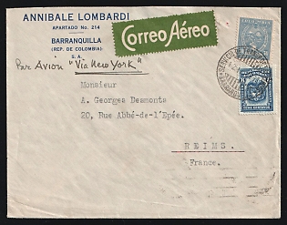 1931 (Sept. 12) Colombia SCADTA: Airmail/Surface cover 'Via New York' to France franked with 8c Arms and 30c Scadta tied by 'Barranquilla' postmark. 'Paris' arrival backstamp (Sept. 25)