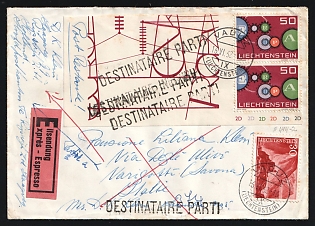 1962 (June 16) Liechtenstein Express-Mail Poste Restante cover franked with 30rp Gutenberg Castle, 50rp Europa pair tied by 'Vaduz' postmarks. Addressed to Savona, Italy but not deliverable, with three 'Destinaire Parti' framed handstamps Forwarded to the Netherlands with Dutch 'Rijswijk' arrival backstamp (June 21)