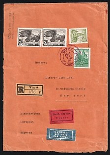 1964 (Jan) Austria Registered-Express-Airmail commercial cover to USA franked with 3.40s Steiner Gate, 10s Heidenreichstein Castle & two 20s Eagles all tied by faint 'Wien 1' postmarks. 'New York NY GPO' arrival postmark in red-violet (Jan. 14). Considerable edge wear