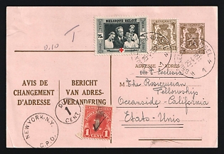 1939 (April 29) Belgium, 10c Change of Address postal card to California uprated with 10c Lion and 75c Red Cross Society semi-postal tied by 'Bruxelles /Brussel' postmarks. New York operaglass 'Due 1 cent' postmark with US 1c Postage Due canceled by pen. Minor boyyom-right corner crease