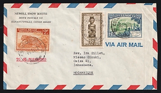 1950 (Feb. 4) Belgian Congo: Airmail cover from Belgian Congo to Inhambane, Mozambique franked with 50c Ndoha, 2fr Leopard, and 2.50fr Railway tied by 'Luluabourg A' postmarks. Backstamps of 'Lourenco Marques' (Feb. 10) and 'Inhambane' (Feb. 13)