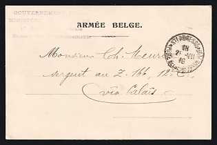 1918 (July (29) 'Armée Belge' Belgian Army Ministry of War Information Bureau stampless postcard canceled by 'Ste. Adresse / Poste Belge Post...' postmark. Probably sent to the Belgian Government in Exile in Le Havre, France (note handwritten 'via Calais'). Printed form on reverse filled in by hand in French, First World War