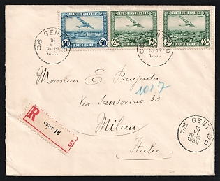 1939 (June 16) Belgium, Registered-Airmail cover to Italy franked with 50c Ostend single, 2fr Namur pair tied by 'Gent' postmarks with additional strike alongside. 'Milano' arrival backstamp (June 17)