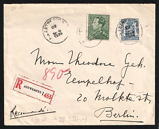 1939 (Nov. 22) Belgium, Triple-Weight cover to Germany (5.50fr rate) franked with 50c Arms, 5fr Leopold tied by 'Antwerpen' postmarks. 'Berlin' arrival backstamp (Nov. 24)