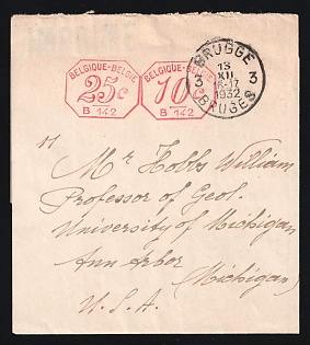 1932 (Dec. 13) Belgium, Wrapper to USA with 10c Octagonal Handstamp in red uprated with additional 25c Handstamp to meet the 35c Foreign-Mail Printed-Matter rate, canceled by 'Brugge 3/ Bruges' postmark