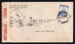 1941 (April 6) Surface-Mail cover from Belgian Congo to USA franked with 2.75fr Albert Memorial tied by 'Elizabethville' postmark. South African Censor's tape at left, Second World War