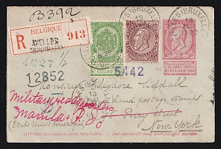 1903 (May 18) Belgium, 10c Leopold domestic envelope uprated for the 50c foreign-mail registry rate with 5c Arms, 35c Leopold tied by 'Bruxelles' postmarks for the 50c foreign- mail registry rate to New York. 'New York' oval backstamp (May 31). Forwarded to the Philippines with transit backstamps of 'New York' (June 1) and 'San Francisco' (June 8). 'Manila' arrival backstamp (July 8)