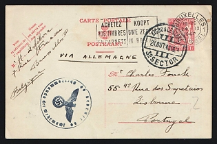 1940 (Sept. 24) 1fr Arms postal card from German-Occupied Belgium to Portugal canceled by 'Bruxelles' duplex postmark. German Wehrmacht Censor's circular cachet in blue-black. 'Lisboa' arrival postmark (Oct. 24). Handwritten message in French, Second World War