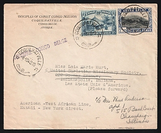 1940 (Oct. 8) Cover from Belgian Congo to USA franked with 25c Uele Hut, 2.50fr Katisimbi tied by 'Coquilhatville' postmarks with additional strike alongside. Censure Congo Belge' straightline handstamp in purple, Second World War