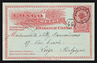 Belgian Congo: 1912 (Sept. 10) 10c Oil Palms postal card to Liege, Belgium canceled by 'Kinshasa' postmark. Handwrtten message in French on reverse