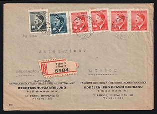 1943 (Nov. 6) Bohemia & Moravia National Trade Union Headquarters registered cover used locally within German-Occupied Bohemia & Moravia franked on both sides with nine Hitler definitives (total franking 460 hellers) tied by 'Tabor 2' postmarks, Second World War