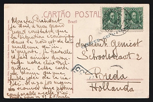 1915 Brazil in First World War: Multicolored picture postcard from Brazil to Breda, Netherlands franked with 50r Cabral pair tied by indistinct postmark. Dutch Censor's 'Censuur Gepasseerd' straightline handstamp