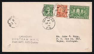 1944 (Dec. 11) Canada: Dog Team Mail Unsealed Printed-Matter Cover from Quebec to Michigan franked with 1c KGV, 1c KGVi, and 2c Confederation al tied by 'Sept Iles PQ' postmarks (Dec. 18)