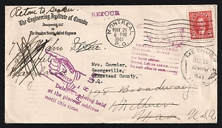 1941 (May 21) Canada: Cover used within Quebec franked with 3c KGVI tied by 'Montreal P.Q.' duplex. Sent to nearby Georgeville (May 22 backstamp), then to Methuen, New Jersey (May 28 backstamp). Forwarded to Laurel, Maryland and from there to Washington DC where it was held for nearly two years with 'Non Reclame (Unclaimed),' and 'Retour' handstamps, and 'Washington DC Dead Letter Branch/April 8, 1943' postmark - all in red-violet