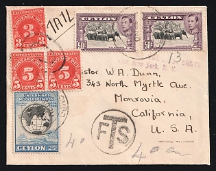1949 (Nov. 30) Ceylon: Underpaid Airmail cover to USA franked with two Colonial 50c KGVI singles and Independent Ceylon 25c UPU single all tied by 'Colombo' postmarks with "T/FS' postage due circular cachet alongside. US 3c Postage Due single & 5c pair tied by double-ovals with violet 'New York NY/Airmail Field' backstamp